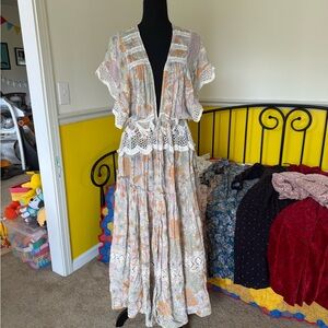 Free People Multicolor Floral Boho Lace Maxi Duster Dress Cover Up/ Coverup